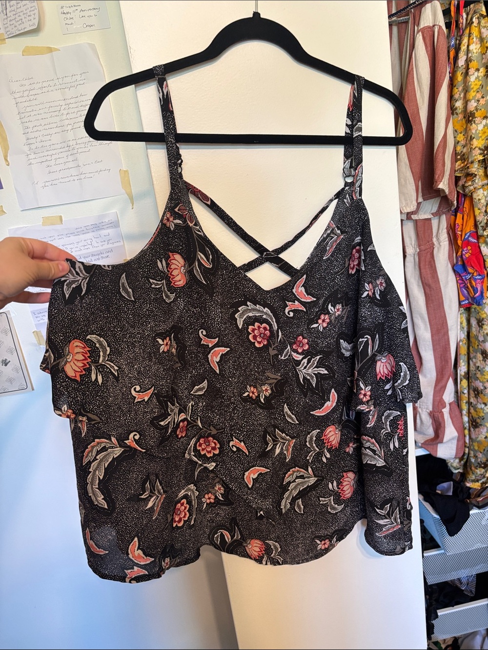 torrid Black Floral Crisscross-Strap Camisole with Pink Accents